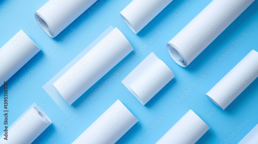 Poster rolled white papers arranged in a geometric pattern on a light blue background.