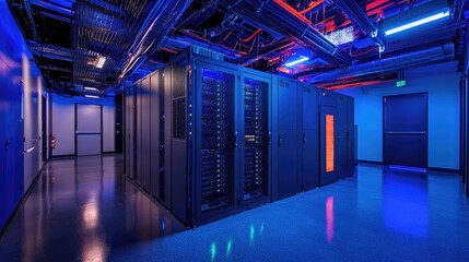 High-tech data center with black server racks, vibrant LED lighting, and overhead cable systems in a blue-lit room. Ideal for cybersecurity, cloud, and tech infrastructure content