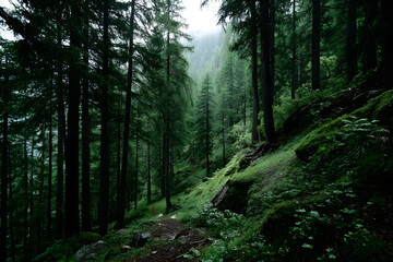 Obraz premium Deep green pine forest landscape