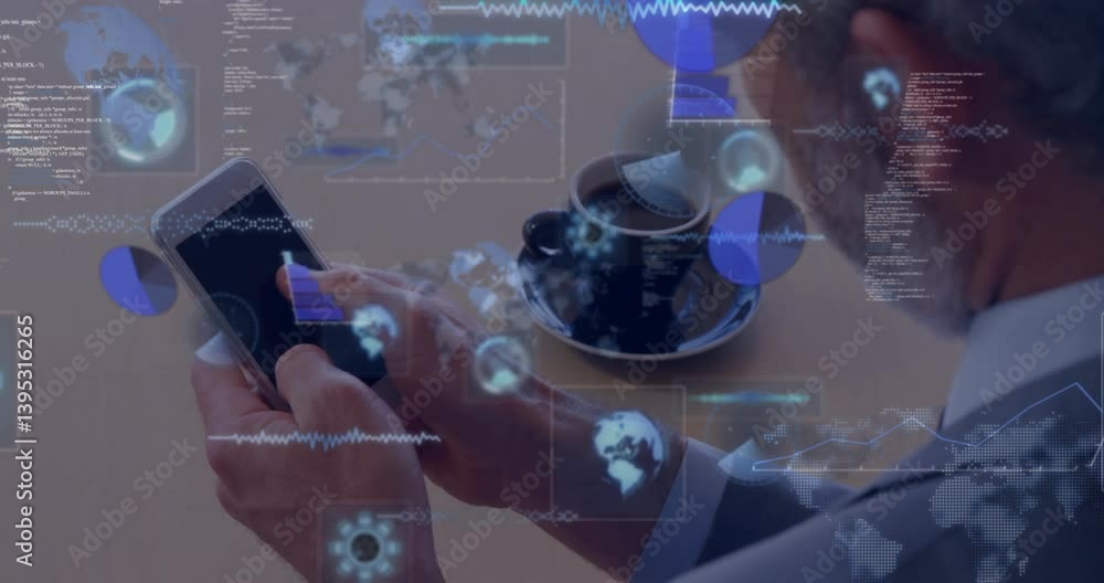 Poster businessman using smartphone with digital data and global network animation overlay