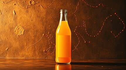 Clear glass bottle of orange soda on a rustic surface
