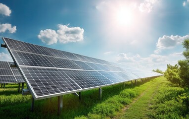 Solar panels on a green meadow under clear blue sky, sustainable renewable energy background