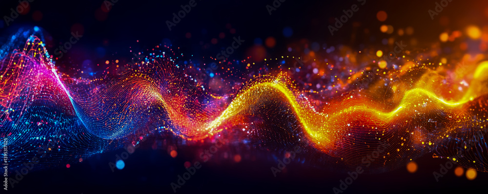 Poster abstract colorful wave background with glowing particles for futuristic technology design art concep
