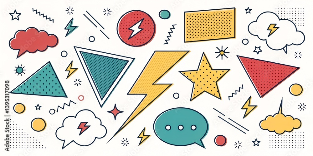 Poster playful pop art design showcasing colorful geometric elements with lightning and speech bubbles pop,