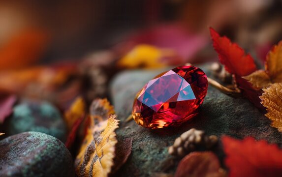 A brilliant ruby lying among colorful autumn leaves, vibrant warm natural background