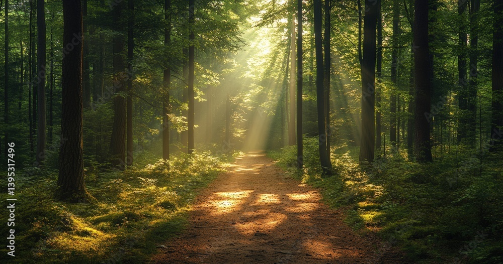Aufkleber Sunlight filtering through trees creates enchanting forest path