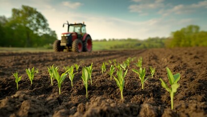 Fototapeta premium Farm Tractor on Cultivated Field with Young Corn Plants in Rows Under Cloudy Sky