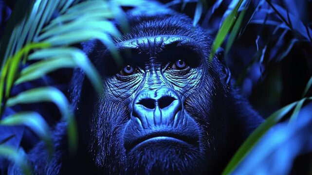 Intense portrait of a large, hairy primate with piercing eyes peering through dense foliage in a dimly lit jungle environment