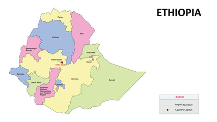 Obraz premium Ethiopia map. Country map of Ethiopia. Country map of Ethiopia in colour with capital.