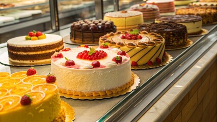 Fototapeta premium Delicious Variety of Decorative Cakes Showcased in Bakery Counter with Bright and Inviting Setup 