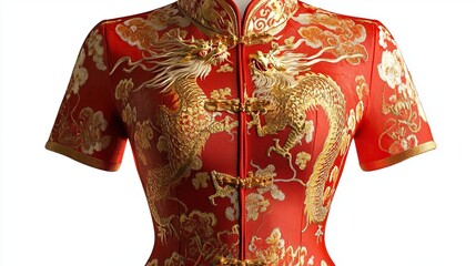 Red Chinese dress with gold dragon embroidery. (1)