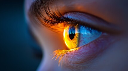 Mesmerizing close-up of an eye reflecting fiery hues, capturing light and emotion, embodying intensity and the spark of imagination.