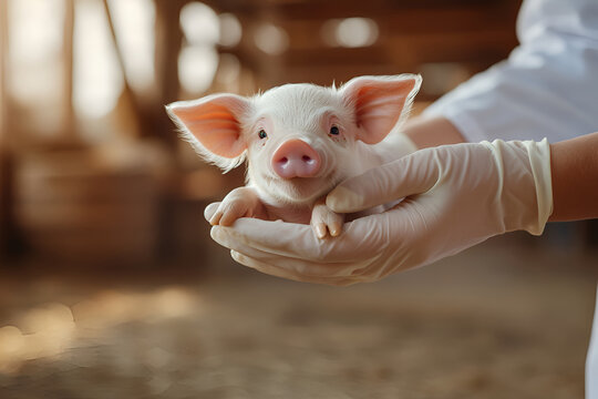 Gentle care: veterinarian holding cute baby piglet at farm