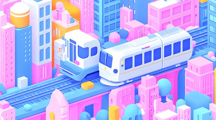 Obraz premium Colorful Digital Illustration of Trains in a Vibrant Cityscape