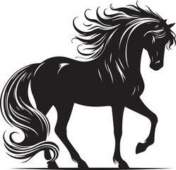 Black horse silhouette vector illustration showing a running stallion with flowing mane and tail