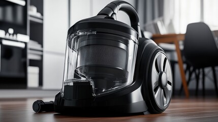 Obraz premium Modern Black Vacuum Cleaner on Wooden Floor Interior