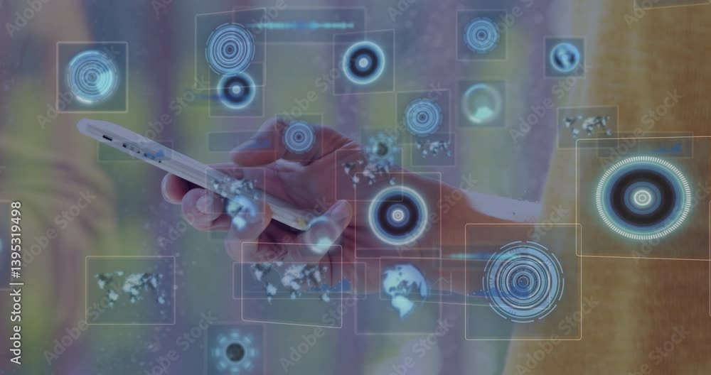 Poster hand holding smartphone with digital interface and holographic data animations