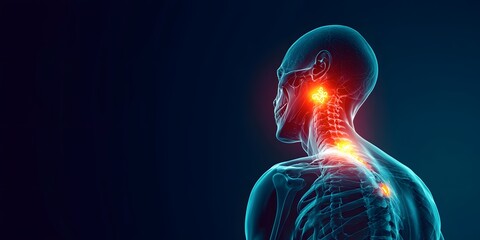 XRay Human Anatomy Spine, Neck, Shoulders Showing Painful Inflammation on Dark Backdrop