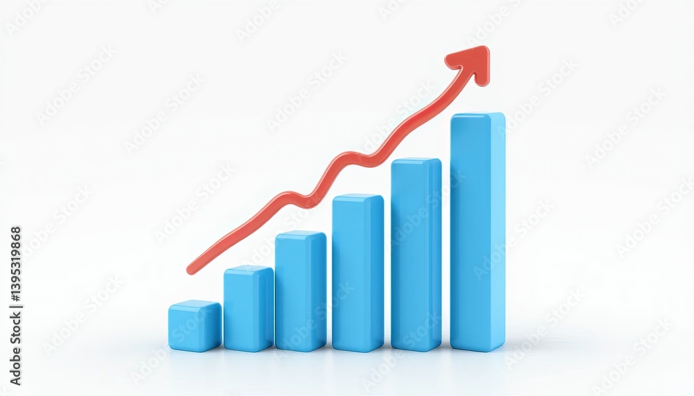 Poster 3d render of blue bar graph with red upward arrow on white background