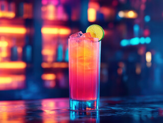 Colorful cocktail served in a glass at a lively bar