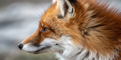 Fototapeta premium Close-up view showcasing the intricate details of a fox's bushy reddish fur against a blurred background , fox, bushy, fur, reddish, wildlife, macro, animal, portrait, nature, features, behavior, p
