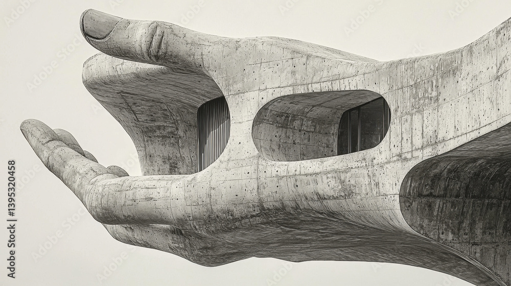 Poster man's arm transforms into brutalist architecture with an abstract futuristic aesthetic in monochrome