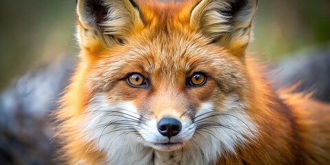 Fototapeta premium Close-up view of a red fox showcasing vibrant fur and expressive eyes in a natural environment fox, red, wildlife, nature, animal, fur, macro, colors, bushy, habitat, eyes, natural, light, 
