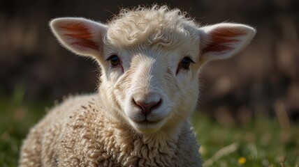 Obraz premium Lamb, pasture, spring, sunlight, cute, farm animal, closeup, rural