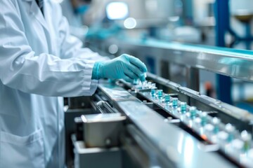 Worker in lab coat and gloves assembling parts on a conveyor belt