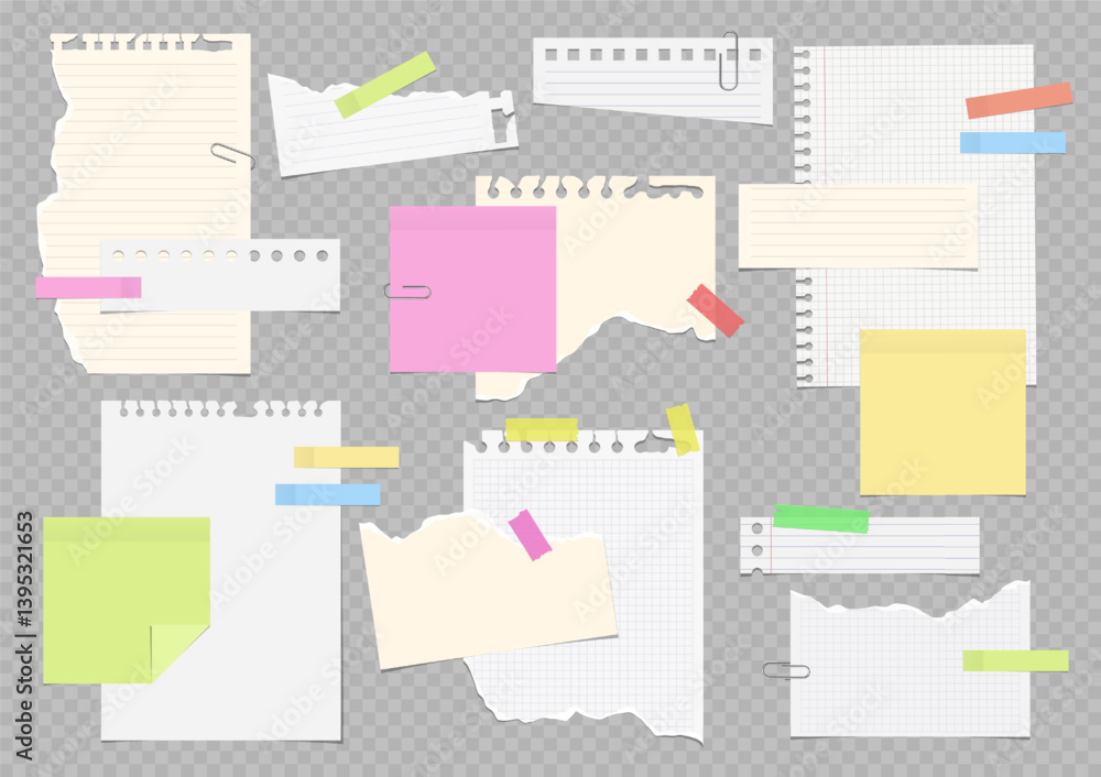 Fototapete vector notebook sheets attached with adhesive tape and paperclip.set of torn lined and squared paper