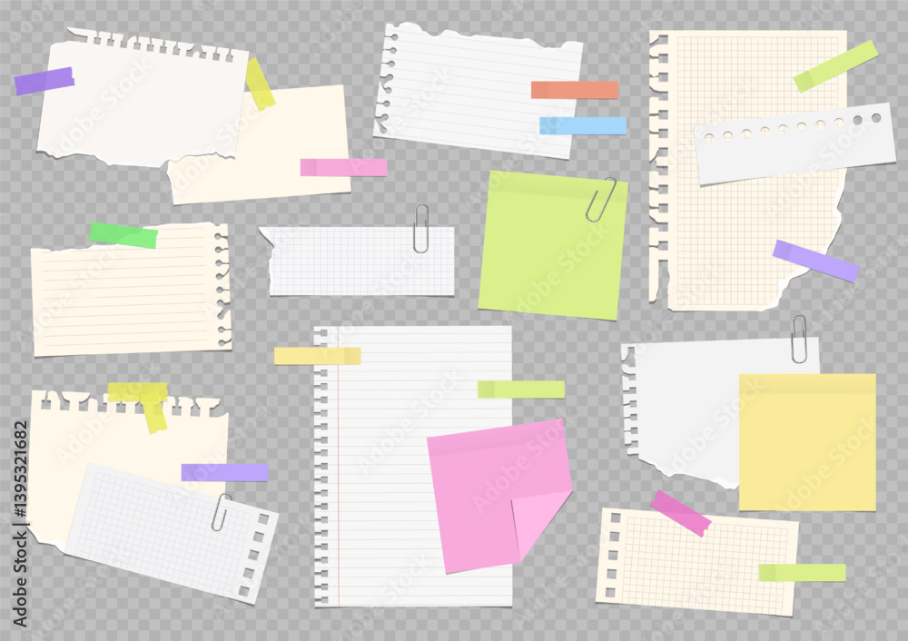 Fototapete vector notebook sheets attached with adhesive tape and paperclip.set of torn lined and squared paper