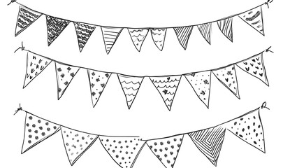 HandDrawn Decorative Bunting, Triangle Flags on String, Party Garlands, Black and White