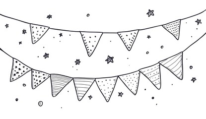 Hand Drawn Bunting with Pennants & Stars, Outline Style, Celebration Decoration, Party
