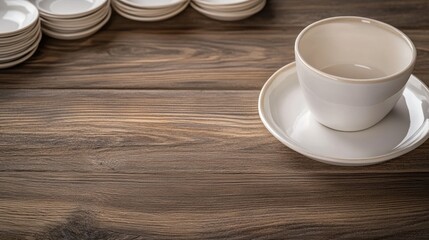 Elegant crockery on wooden table for dining or tea service