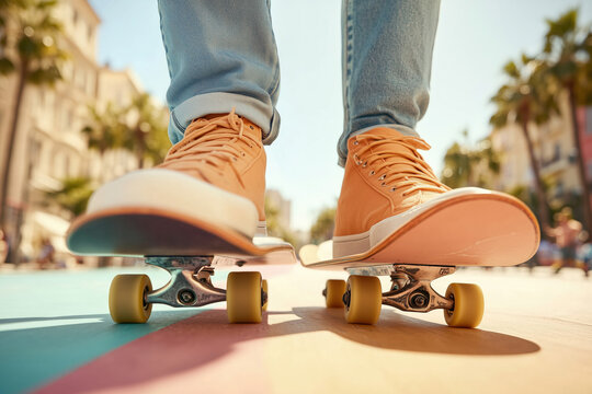 Young Skateboarder Skateboarding Street Urban Colorful City Palm Trees Spring Break College Vacation Lifestyle Recreation
