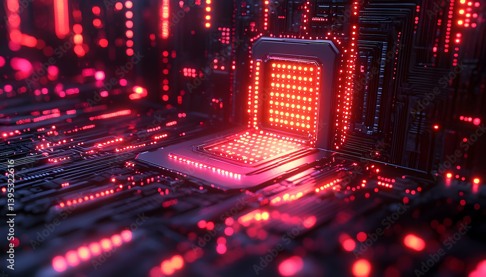 Poster glowing red processor circuit board