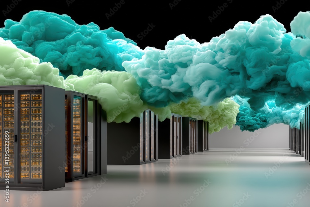 Poster futuristic digital landscape with colorful cloud-like structures.