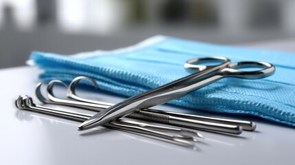 Clinical Surgical Tools on Blue Sterile Cloth
