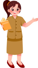 Smiling Girl in Khaki Uniform Presenting Book, Cartoon Illustration
