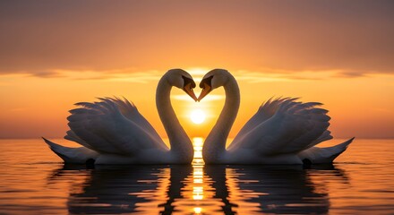Fototapeta premium Swans Forming Heart Shape During Golden Sunset Over Water