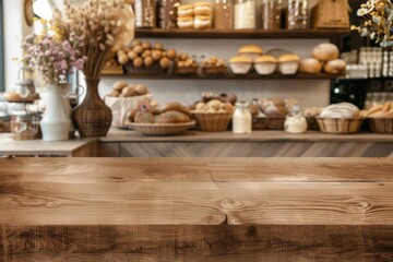 Fototapeta premium Wooden Countertop with Bakery Display in Softly Blurred Background