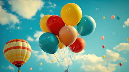 A cluster of colorful balloons floats joyfully against a vibrant blue sky with fluffy white clouds and a smaller hot air balloon in the distance creating a festive and whical