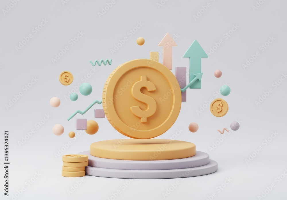 Poster dollar coin on platform with arrows and chart elements