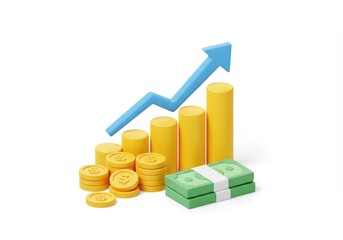 Financial growth shown with coins and bars with arrow up isolated on white background