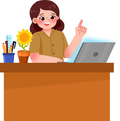 Smiling Woman with Sunflower Presenting Online Lesson on Laptop
