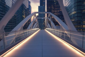 Fototapeta premium Photograph of a white steel walkway bridge with a glass railing leading to the 