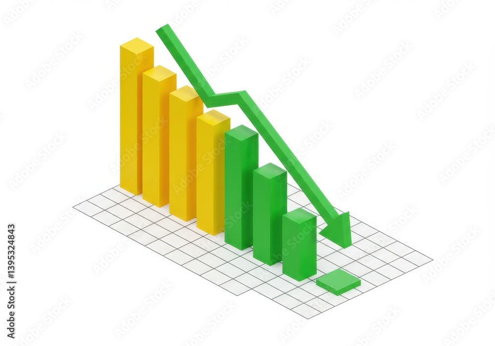 Aufkleber declining graph with green arrow and yellow green columns isolated on white background
