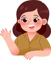 Cheerful Young Woman Waving, Casual Illustration