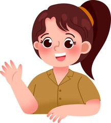 Cheerful Girl with High Ponytail Waving Hello