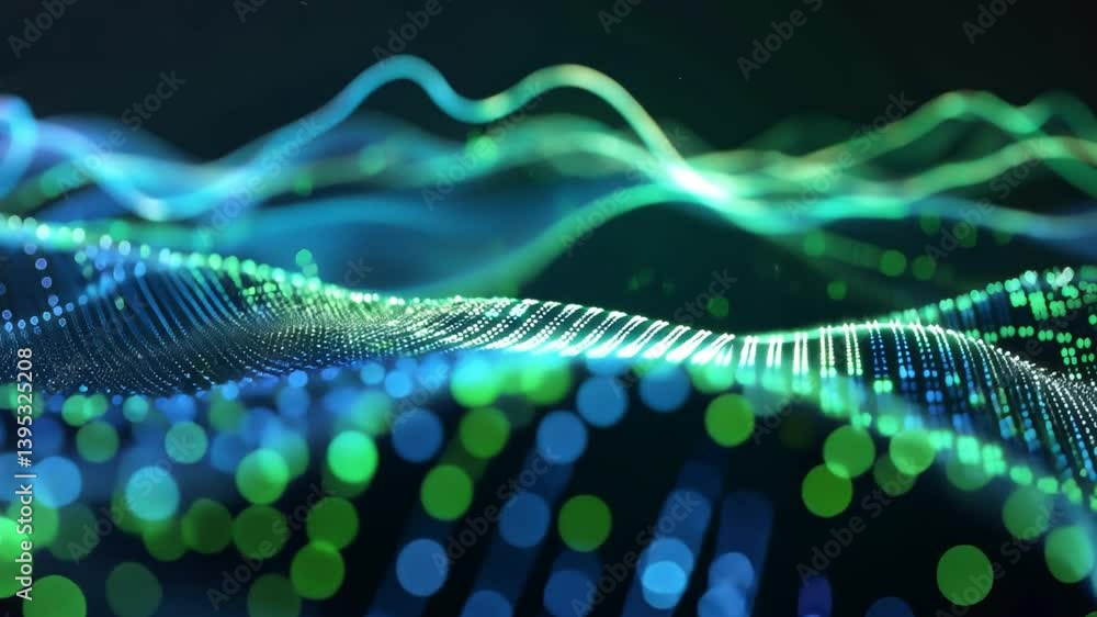 Poster vibrant abstract visualization of digital waves glowing lines in blue and green, capturing movement 